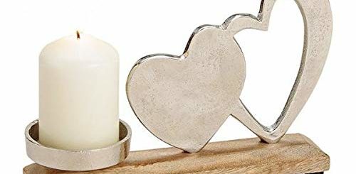 Kerzenhalter Metall Mangoholz Herz Dekor Kerzenständer Stumpenkerze silber Deko